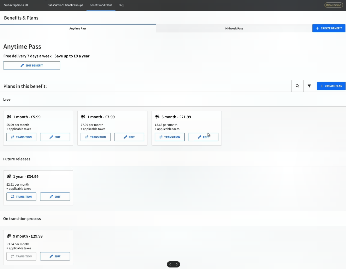 Screen recording of the full Plan Transition flow: opening Transition on a plan card, stepping through the wizard that explains the process, confirming the changes, and the plan appearing under On transition process